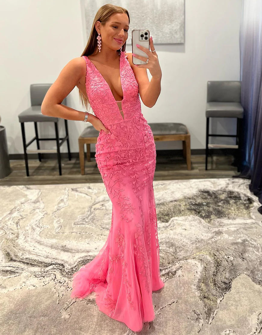 Mermaid V-neck Long Pink Prom Dress
