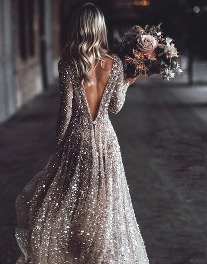Sequin Long Sleeve Wedding Dress