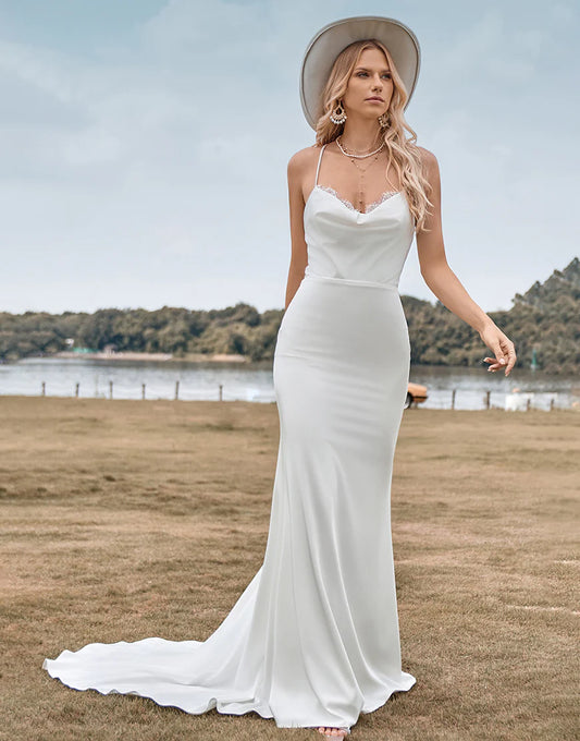 Simple Spaghetti Straps White Bridal Dress with Criss Cross Back