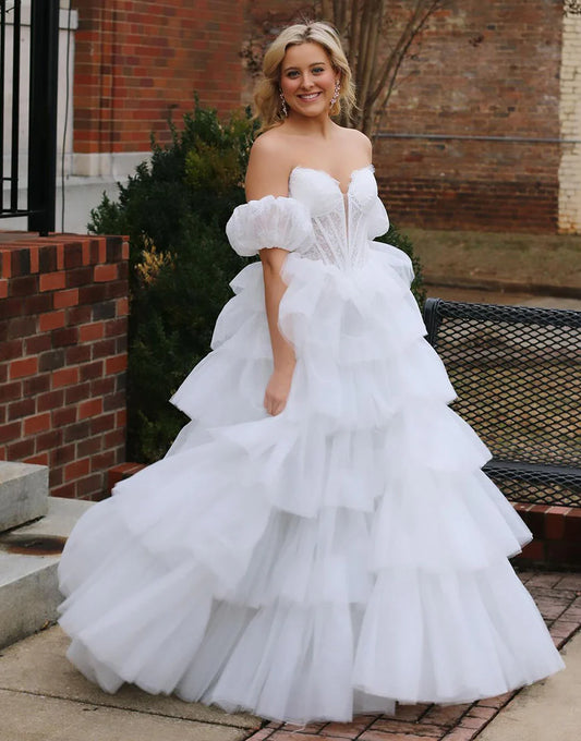 A Line Strapless Puffy Sleeves Tiered Prom Dress With Slit