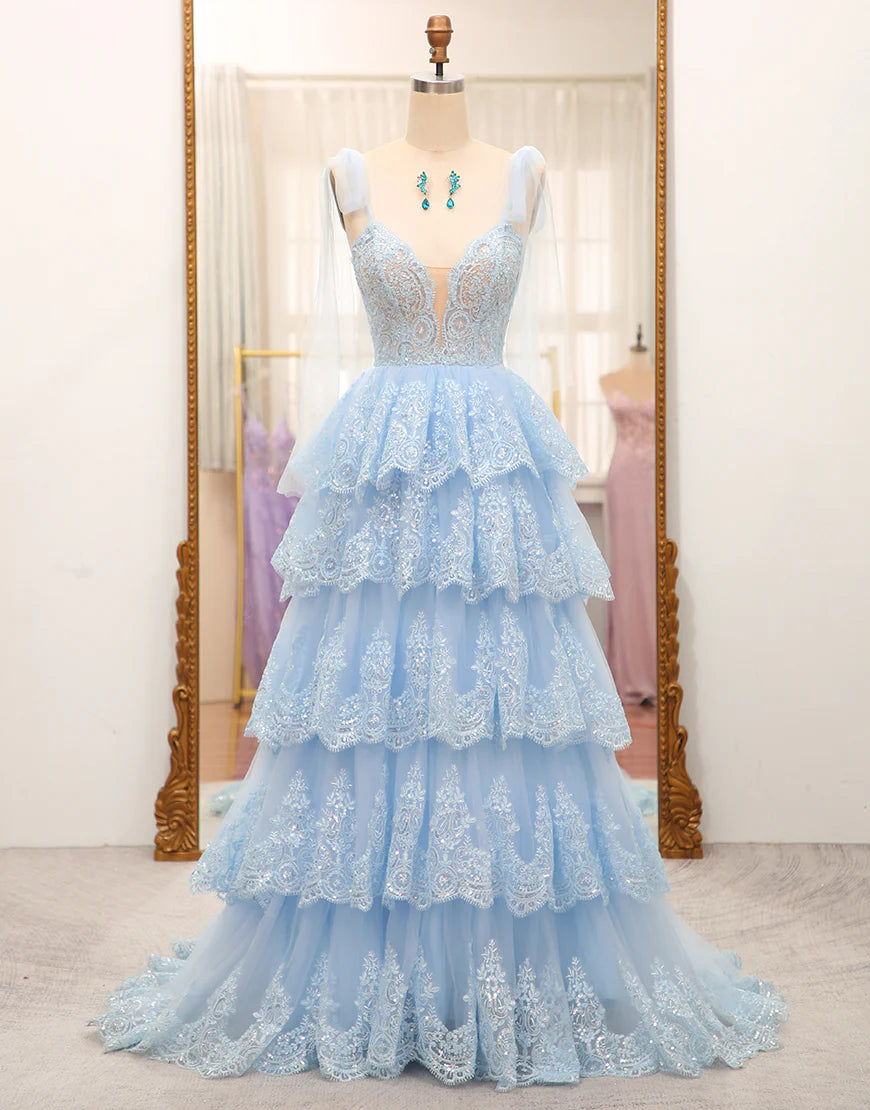 Tiered Tulle Sweetheart Bow Tie Straps Sequin Prom Dress with Appliques