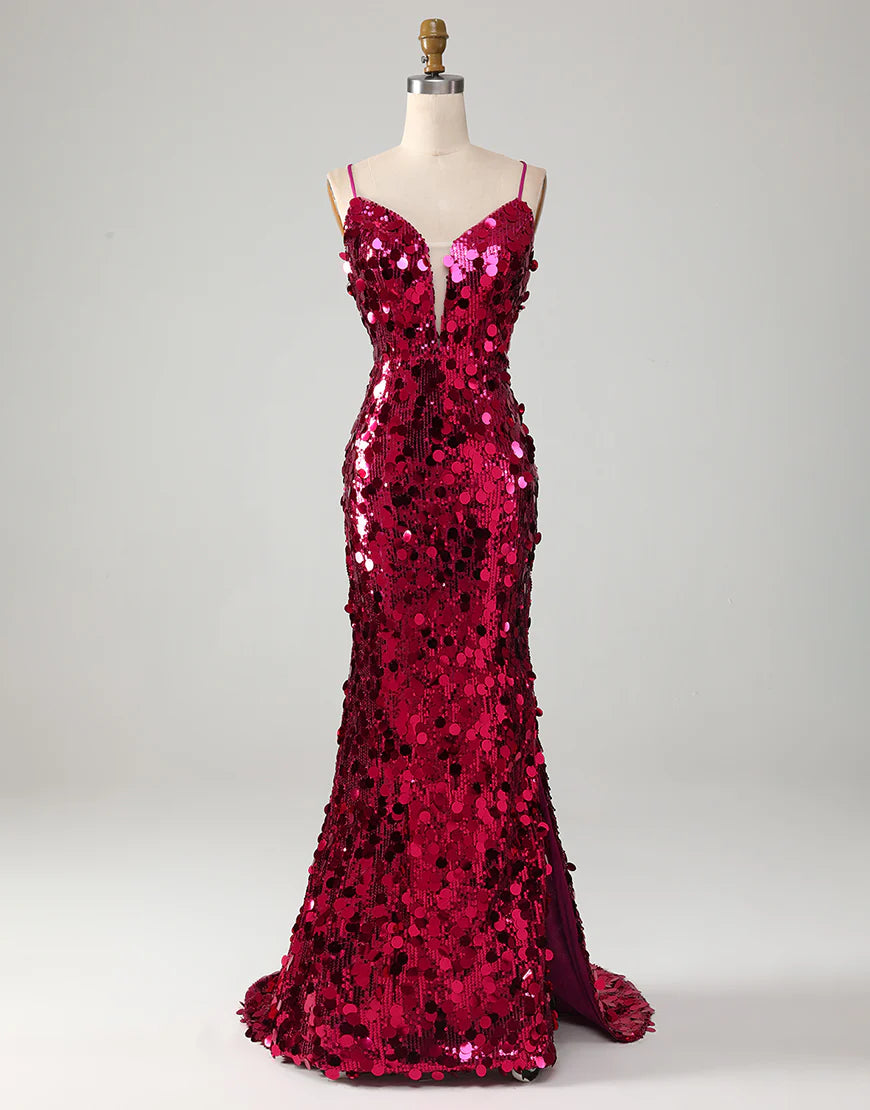 Sparkly Fuchsia Mermaid Long Prom Dress With Slit