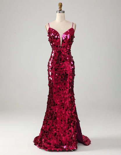 Sparkly Fuchsia Mermaid Long Prom Dress With Slit