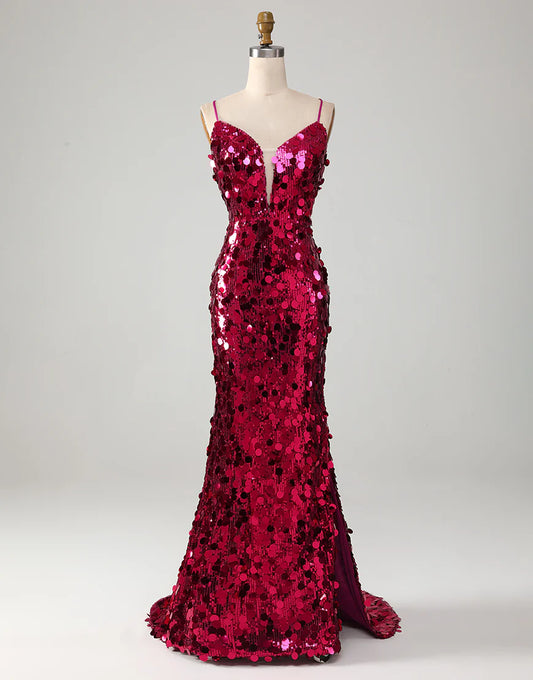 Sparkly Fuchsia Mermaid Long Prom Dress With Slit