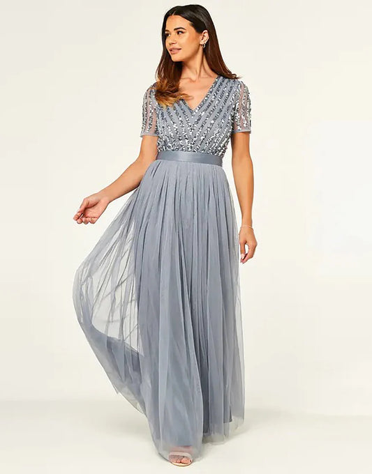 Sparkly V-Neck Grey Formal Dress with Short Sleeves