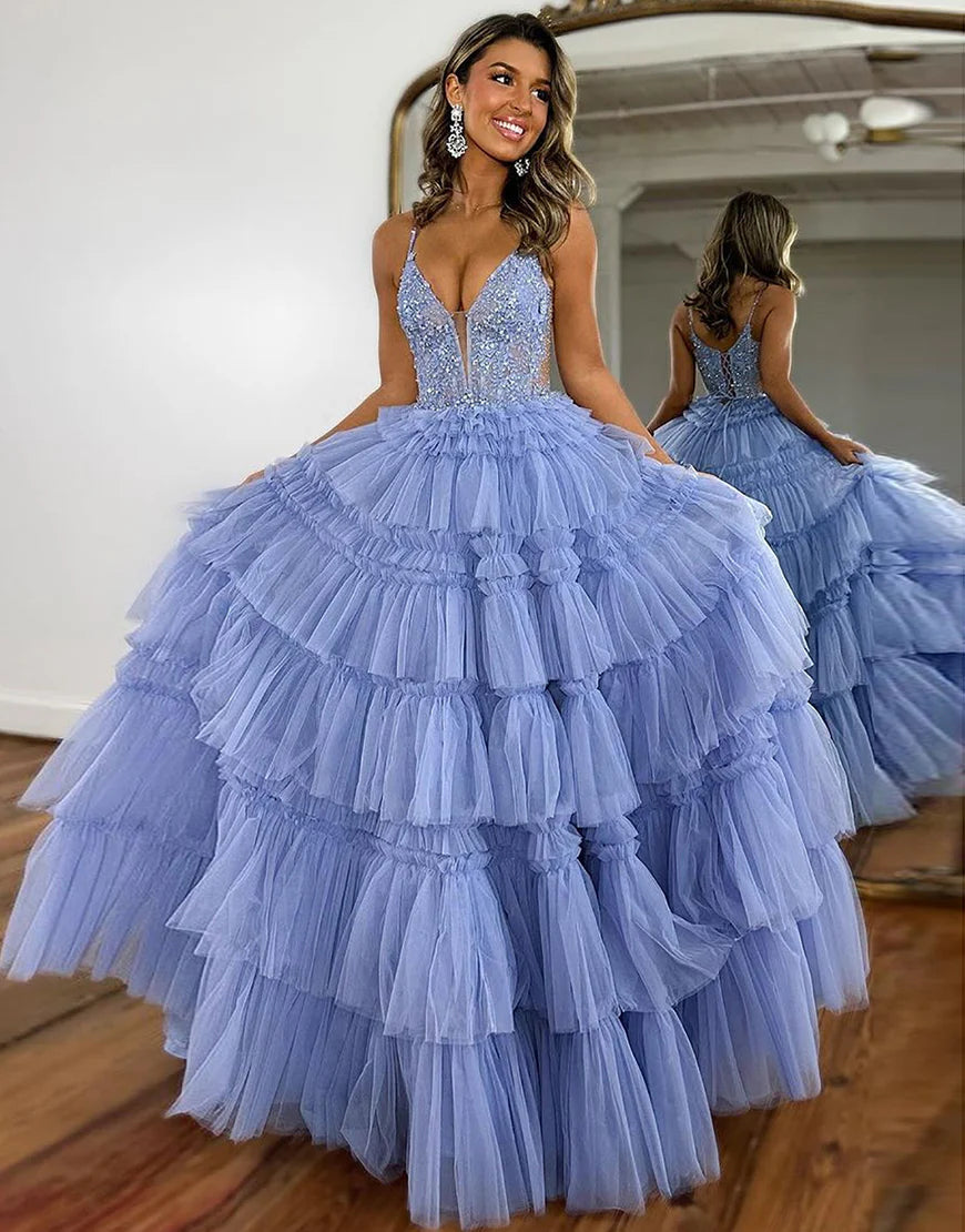 Sparkly Lilac Beaded Long Tiered Prom Dress with Slit