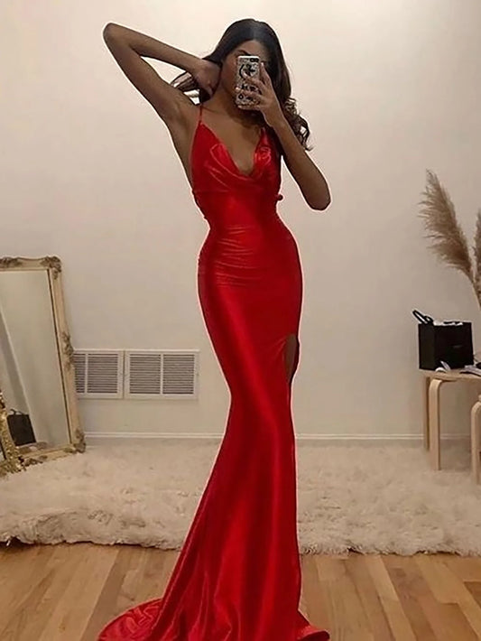 V Neck Satin Long Prom Dress With Slit