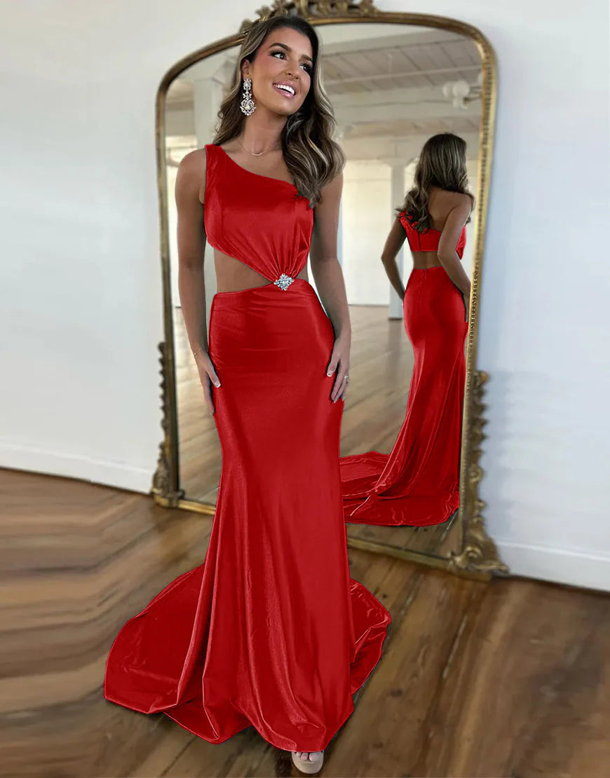 One Shoulder Cutout Waist Long Satin Mermaid Prom Dress With Beading