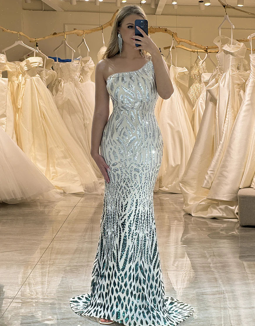 Sparkly Dark Green Sequins Mermaid One Shoulder Long Prom Dress