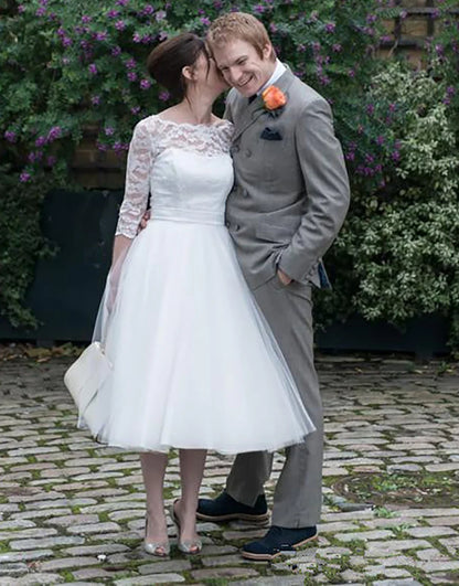 A Line 3/4 Sleeves Lace Bridal Dress