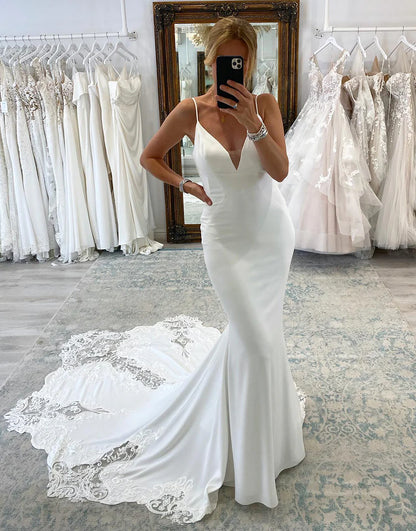Spaghetti Straps Long Mermaid Boho Wedding Dress with Lace