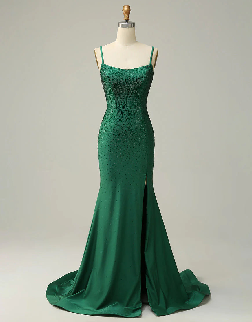 Mermaid Spaghetti Straps Dark Green Long Prom Dress with Beading