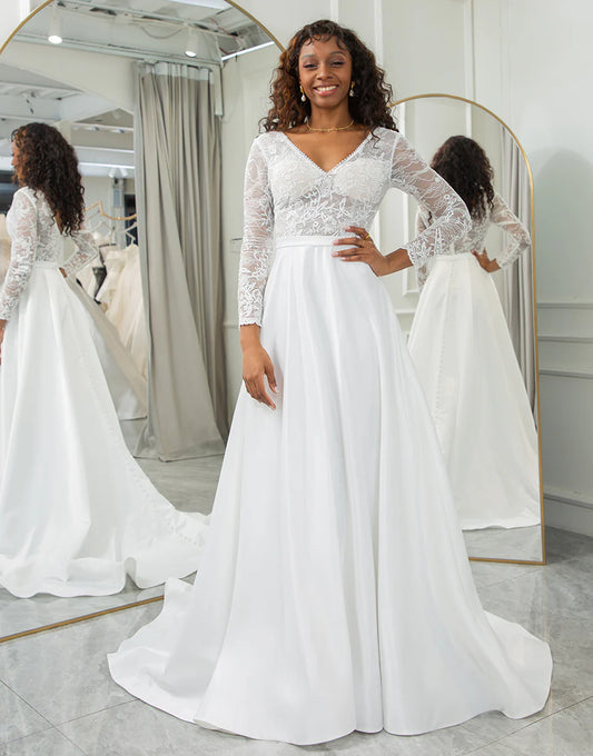 Two Piece Long Sleeve Boho Wedding Dress With Lace
