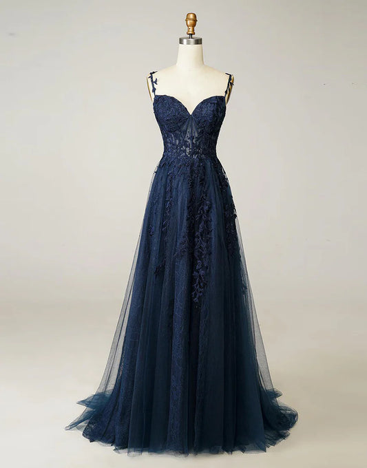 A-line Navy Tulle Prom Dress with Appliques