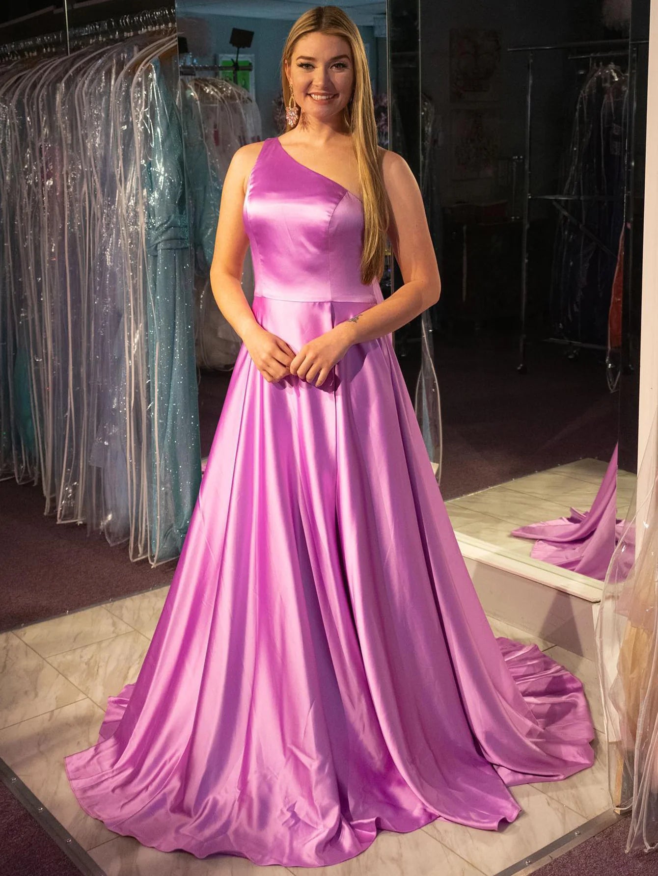 A Line One Shoulder Satin Prom Dress