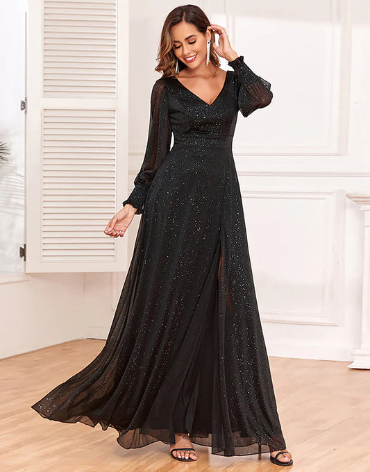 A-Line Long Sleeves Black Mother of The Bride Dress with Slit
