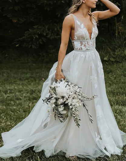 Deep V Neck Open Back A Line Long Bridal Dress
