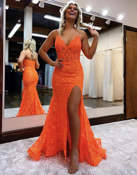 V-neck Glitter Slit Prom Dress