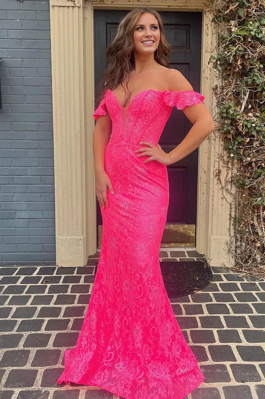 Cute Mermaid V-Neck Off the Shoulder Pink Lace Slim-fit Prom Dress
