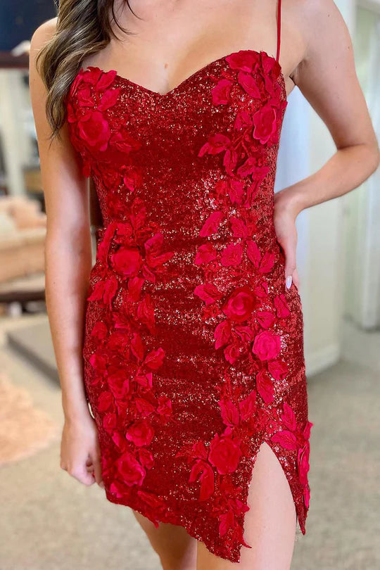 Cute Bodycon Sweetheart Red V-Neck Spaghetti Strap Sequins Short Homecoming Dresses with Appliques