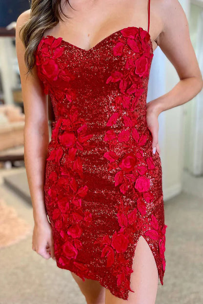 Cute Bodycon Sweetheart Red V-Neck Spaghetti Strap Sequins Short Homecoming Dresses with Appliques