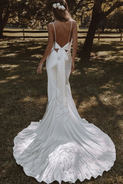 Fashion Mermaid Cowl Neck Spaghetti Strap Silk Satin Long Wedding Dresses with Slit