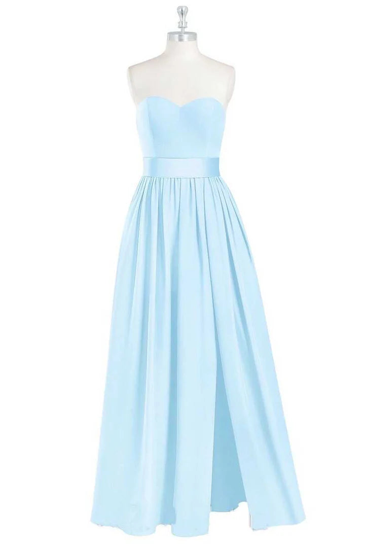 Light Blue Sweetheart Banded Waist A-Line Long Bridesmaid Dress