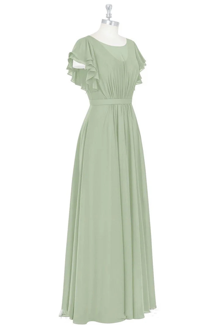 Crew Neck Ruffles A-Line Long Bridesmaid Dress