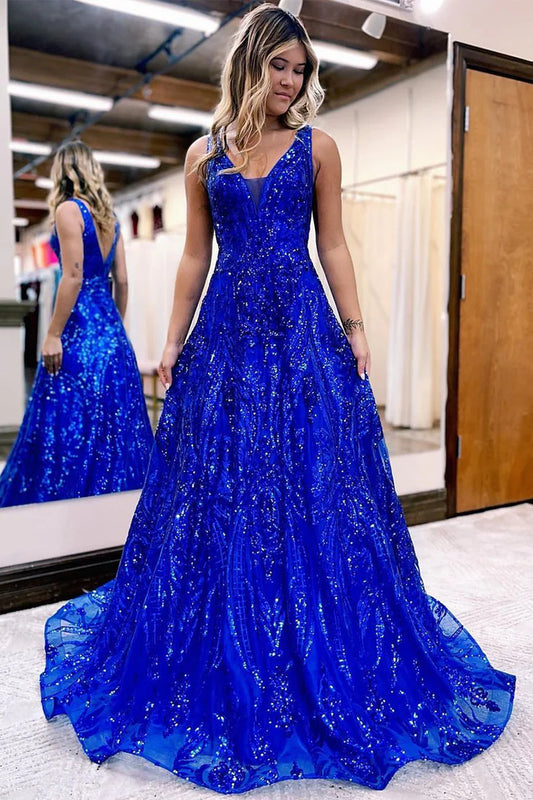 Cute A Line V Neck Royal Blue Sleeveless Sequins Lace Prom Dresses