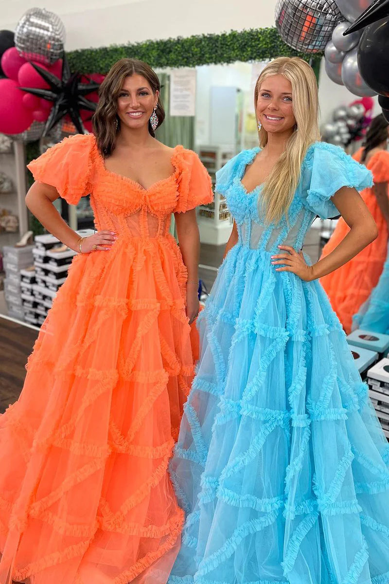 Cute Ball Gown Sweetheart Orange V-Neck Tulle Prom Dress