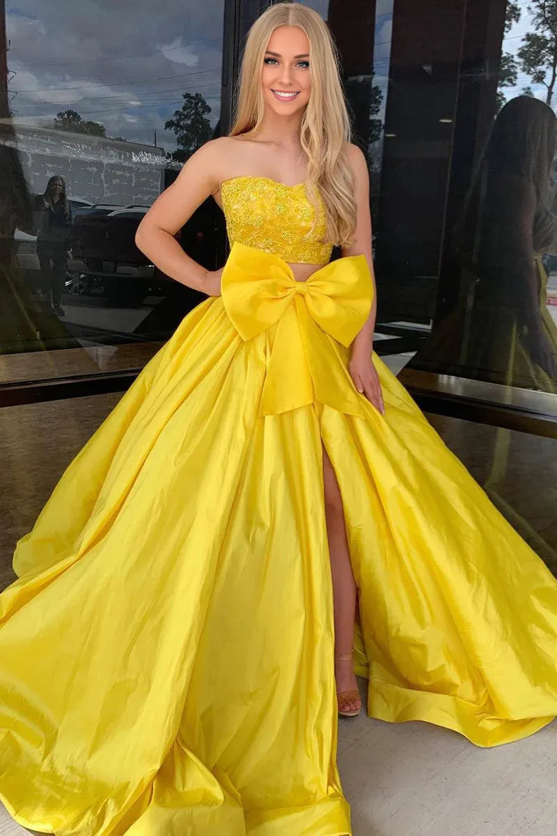 Two Piece Strapless Off-the-Shoulder Yellow Satin Long Prom Dresses with Bow