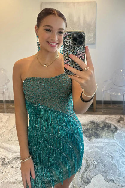 Cute Bodycon Strapless Dark Green Sequins Short Homecoming Dresses with Beading