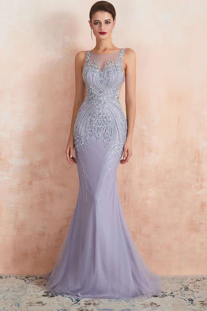 Round-Neck Sleeveless Mermaid Dress with Beading