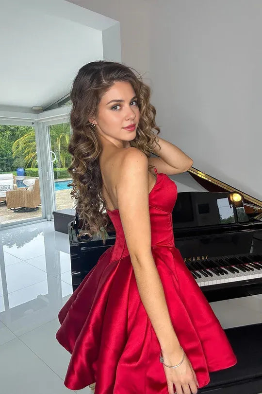 Cute Bodycon Off-the-Shoulder Sweetheart Red Satin Short Homecoming Dresses