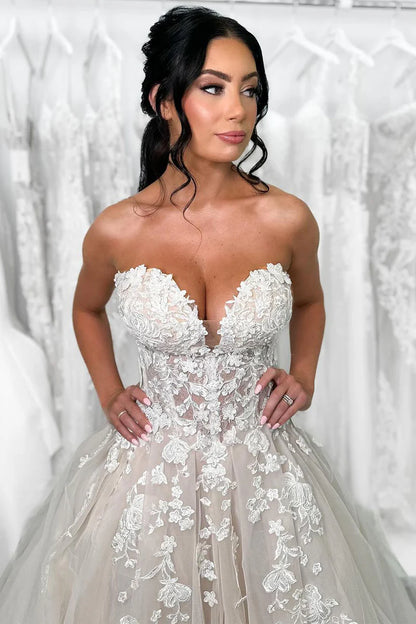 Elegant A-Line V-Neck Off-the-Shoulder Strapless Tulle Lace Floor-Length Wedding Dresses