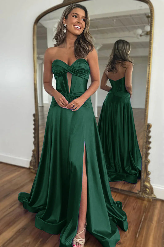 Dark Green A-Line Off-the-Shoulder Sweetheart Zipper Back Long Satin Prom Dress With Split