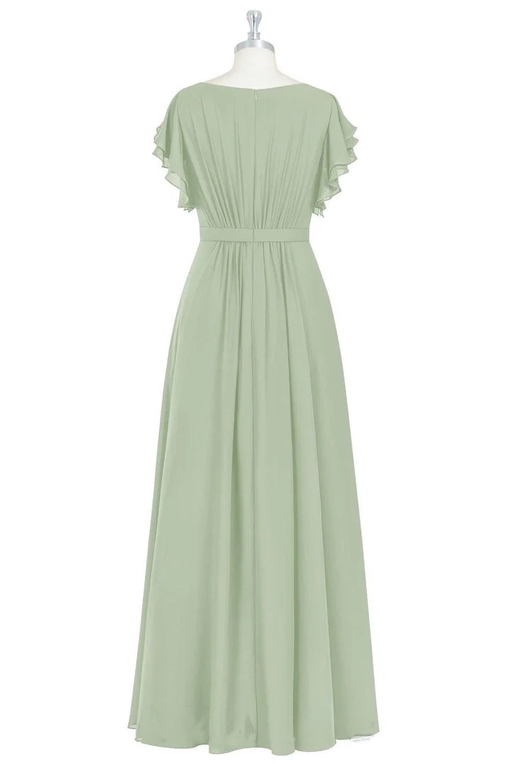 Crew Neck Ruffles A-Line Long Bridesmaid Dress