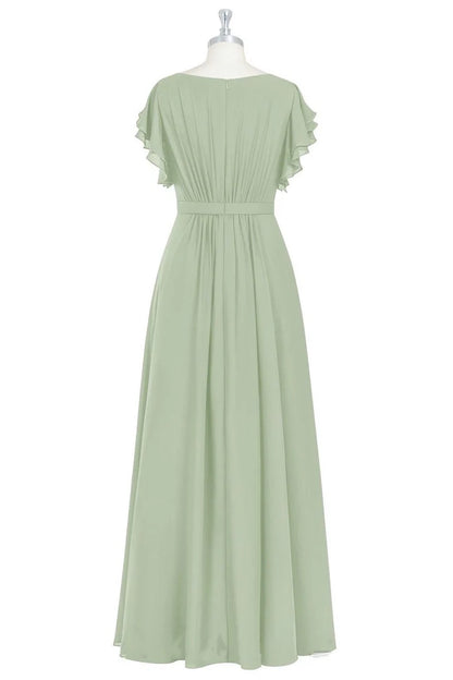 Crew Neck Ruffles A-Line Long Bridesmaid Dress