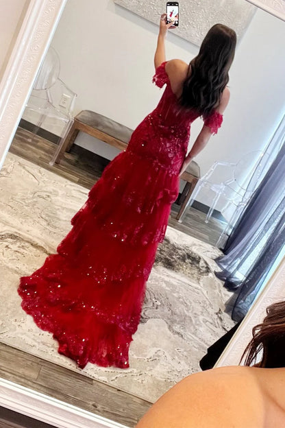 Sequin-Embroidery Off-the-Shoulder Tiered Long Prom Dress with Slit