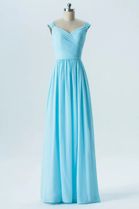 Light Blue V-Neck Chiffon Sleeveless Wrap Bridesmaid Dress