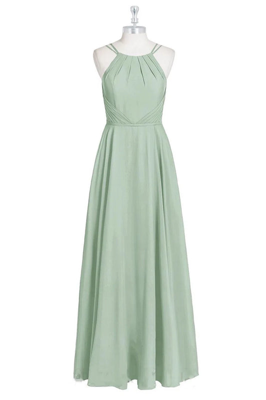 Halter Spaghetti Straps A-Line Long Bridesmaid Dress