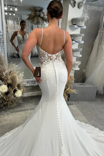 Elegant Mermaid V Neck Spaghetti Strap Satin Long Wedding Dresses with Appliques