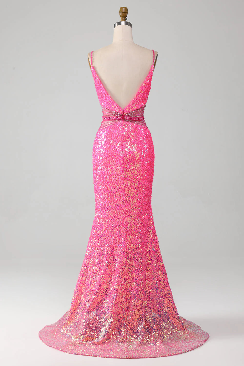 Hot Pink Spaghetti Straps Glitter Mermaid Slim-fit Prom Dress with Beading Waist
