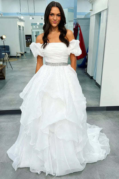 Off-the-Shoulder Puff Sleeve Multi-Layer Long Prom Dress