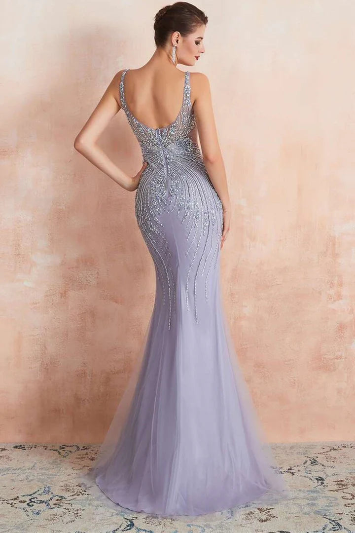 Round-Neck Sleeveless Mermaid Dress with Beading
