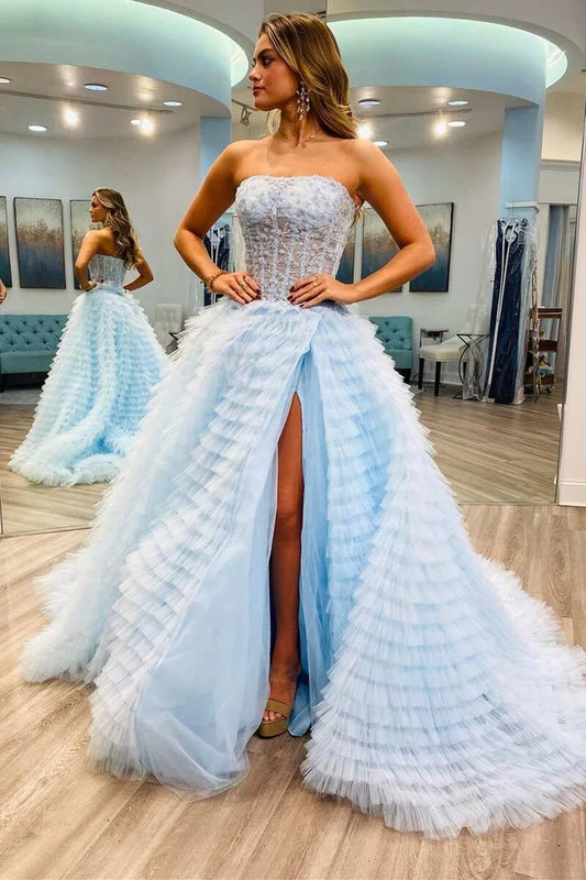 Tiered  Strapless A-Line Prom Dress with Slit
