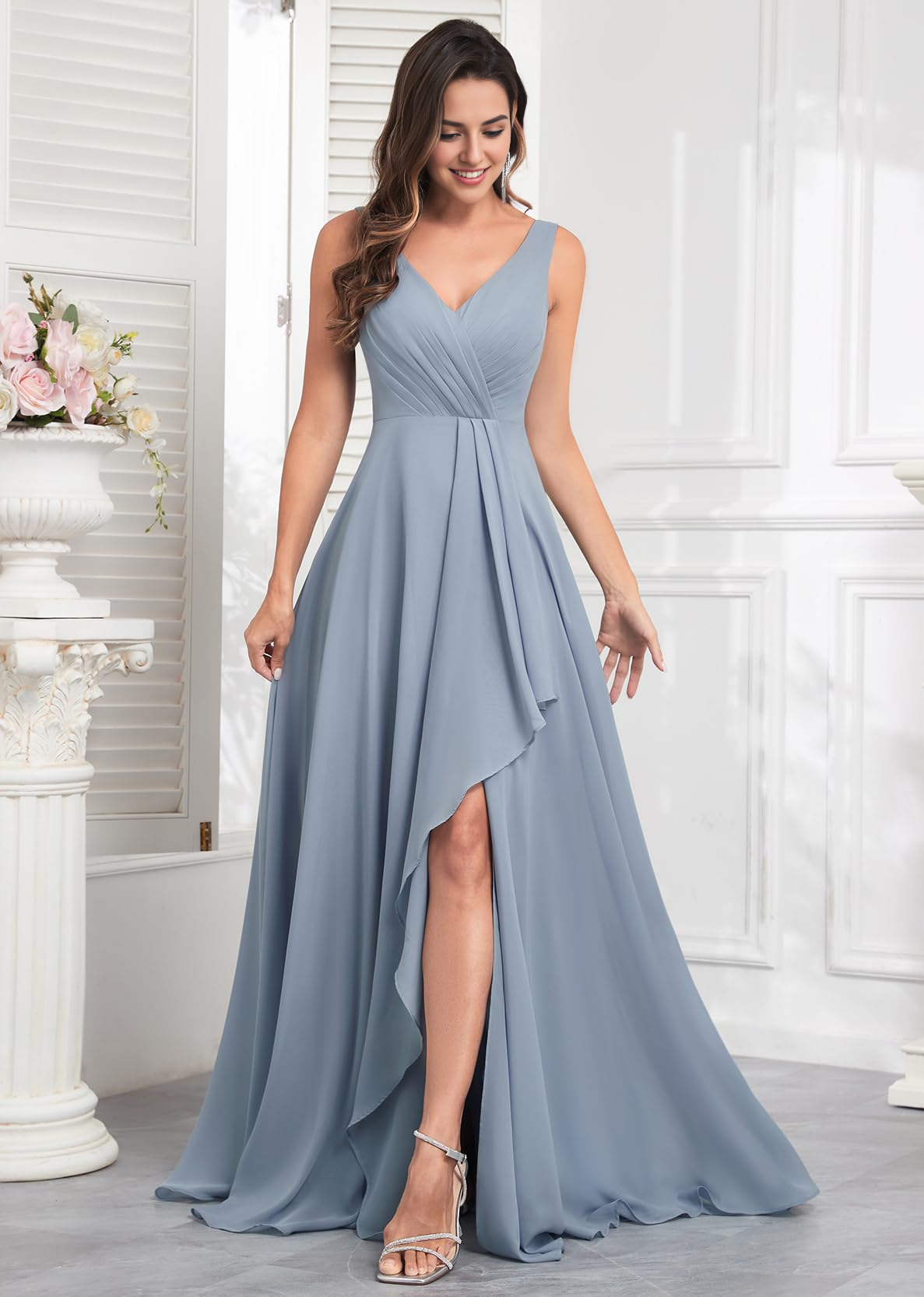 Formal Wear Dresses Ruffle Bridesmaid Dresses Long Slit Chiffon Pleated Evening Dress Elegant Simple Prom Dress