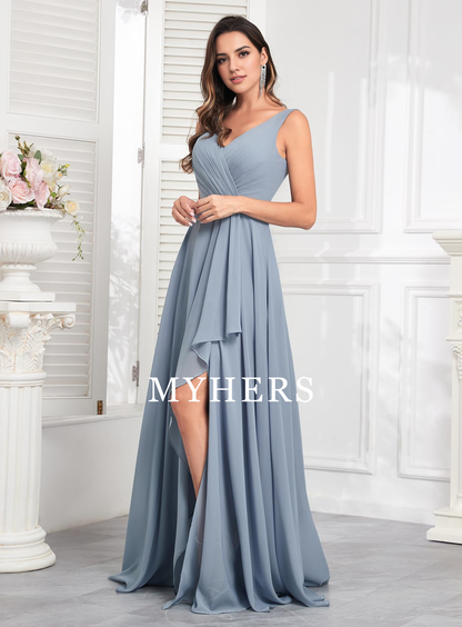 Formal Wear Dresses Ruffle Bridesmaid Dresses Long Slit Chiffon Pleated Evening Dress Elegant Simple Prom Dress