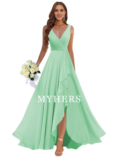 Formal Wear Dresses Ruffle Bridesmaid Dresses Long Slit Chiffon Pleated Evening Dress Elegant Simple Prom Dress