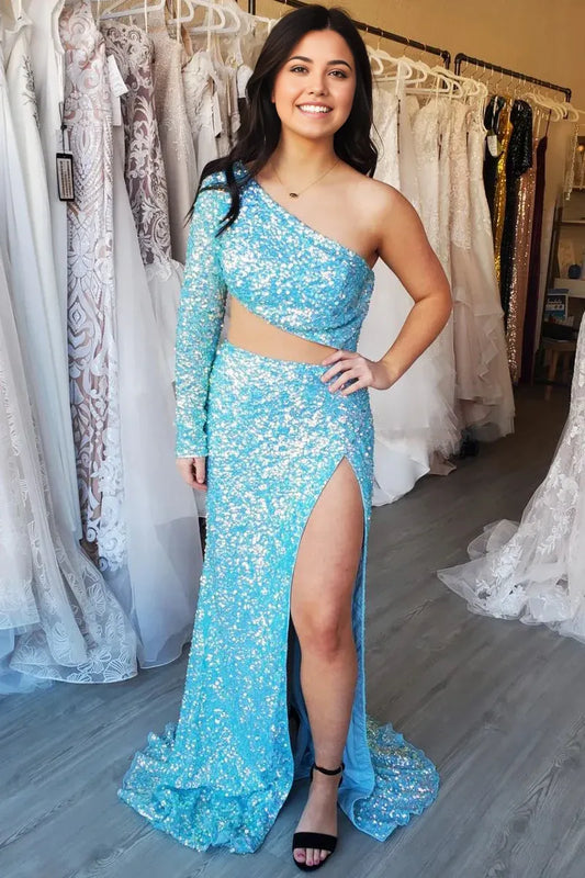 Charming Mermaid One Shoulder Sleeves Blue Sequins Prom Dresses